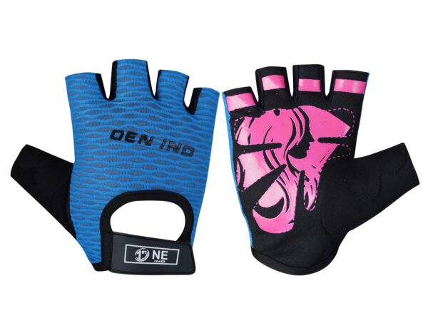 Blue & Pink Half Finger Cycling Gloves for BMX & MTB – Open Back Design with Printed Style