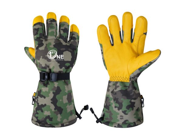 Camouflage Cow Leather Ski Gloves – Yellow Color with Wrist Protection, Double Closure with Buckle & Drawstring for Perfect Fit & Snow Protection