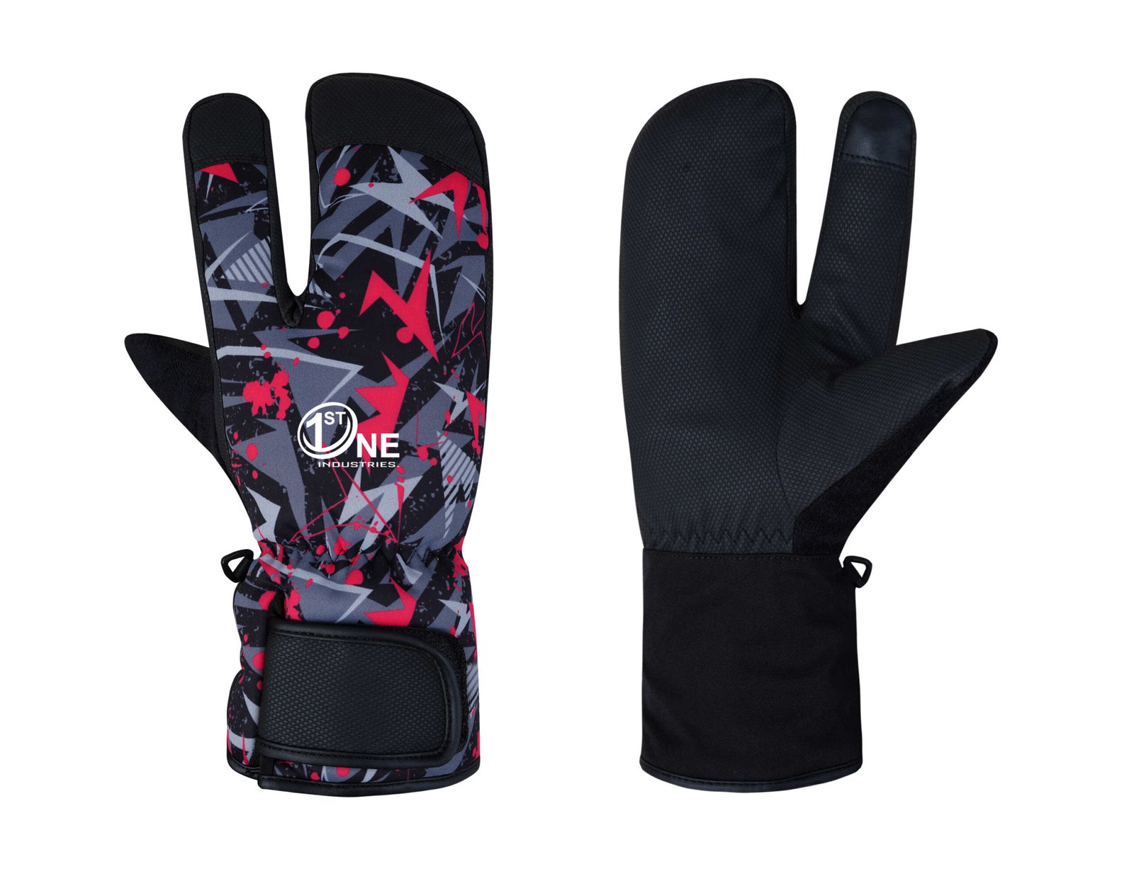 First One Industries Fully Printed Ski Mitts with Index Finger Cut Design - Insulated, High Grip, Water & Windproof Ski Gloves